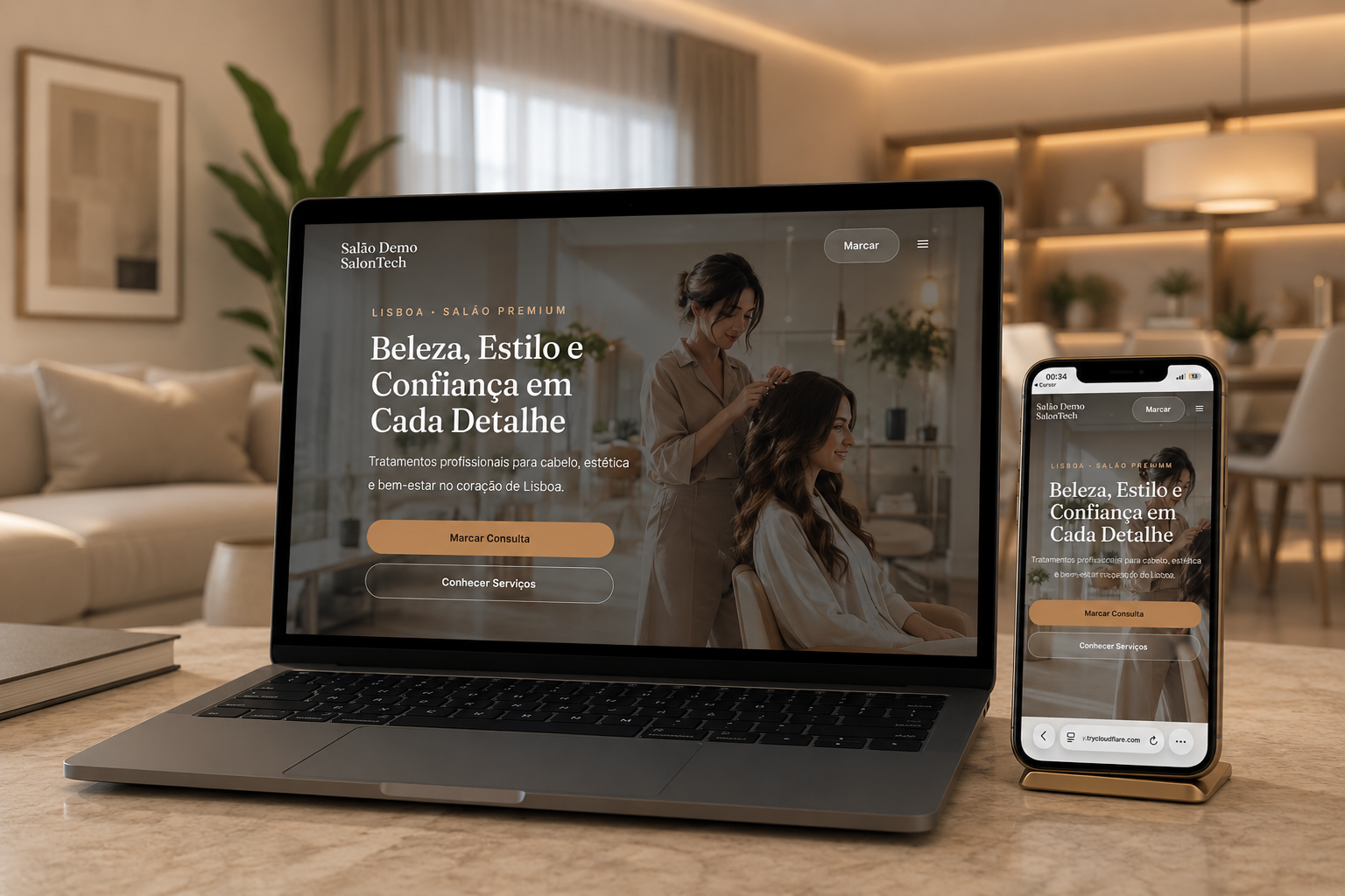 Site de salão no portátil e no iPhone — exemplo SalonUP